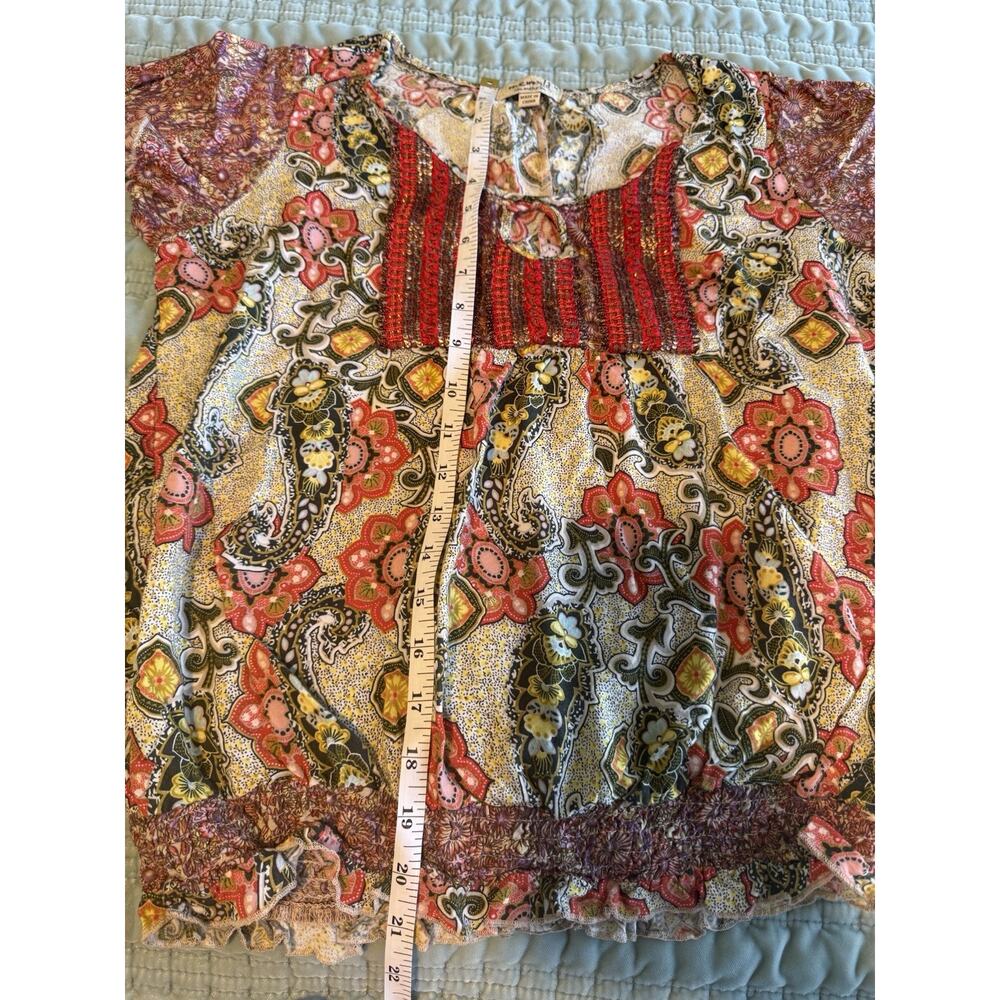 One World Women's Top Floral, Beaded, Boho - Medium, Smocked Bottom Y2K - Picture 8 of 9